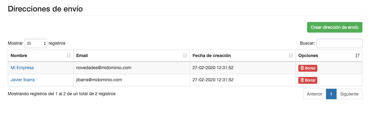 Eliminar una dirección de envío para Email -